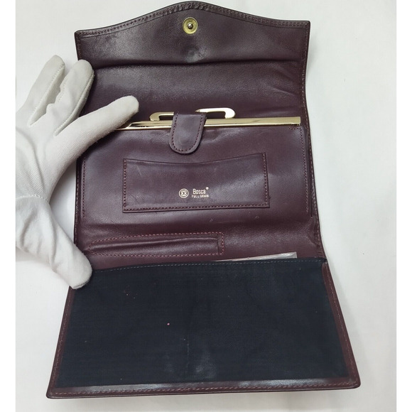 Bosca Maroon Leather Kisslock Pocket Credit Cards Trifold Long Wallet - Vintage - Picture 10 of 14